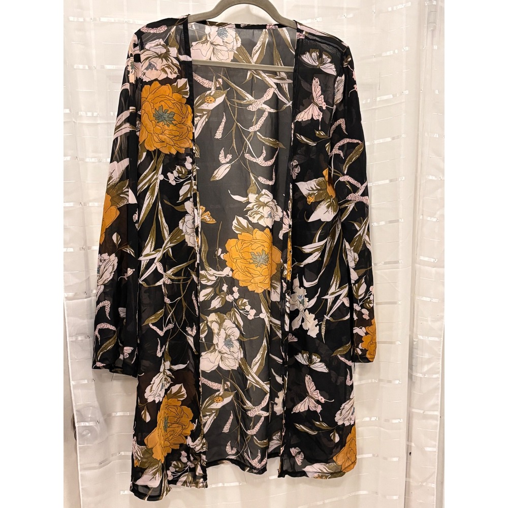 Floral Butterfly Print Sheer Kimono Cardigan Black Yellow Open Front Cover Up